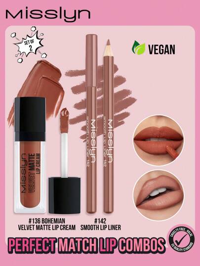 Misslyn 2pcs Perfect Lip Makeup Set - Velvet Matte Lipstick And Smooth Lip Liner, High Pigmentation, Creamy Texture, Waterproof, Silky Feel, Sharpenable Tip, Easy Application, Ideal For Y2K Makeup, Suitable For Parties, Beach, Travel, Vacation, Camping, Outdoor Activities, Fashionable Rose Girl, New Year Makeup, Role-Playing, Best Travel, Holiday, Colorful Campus, Spring Festival, Valentine's Day Gift
