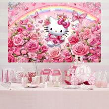 Sanrio 1 Pezzo di Licenza Bandiera Decorativa di Sfondo per Feste di Compleanno a Tema Cartone Animato con Gatto Bianco, Rosa e Arcobaleno, Perfetto Elemento Decorativo per Decorazione di Camera da Letto, Doccia, Foto, 210x150x100/100x75 cm