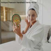 Antique Hand Held Vanity Mirror With Peacock Comb, Decorative Metal Cosmetic Mirror, Travel Mirror With Folding Handle, Makeup Mirror For Women As A Gift, Bronze - 彩色 - 查看 2