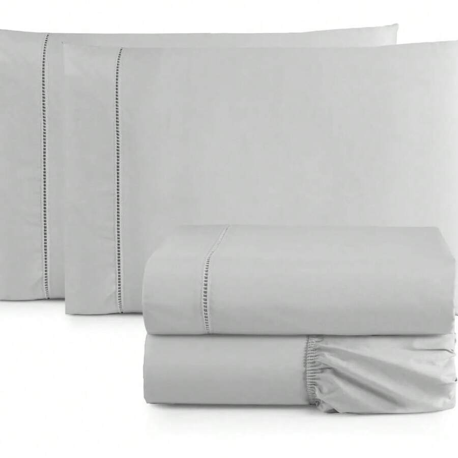 4-Piece King Size Sheet Set, Double Queen Size Percale, 200 Thread Count, 100% Plain Cotton, With Elastic, Soft Touch - 灰色的 - 查看 1