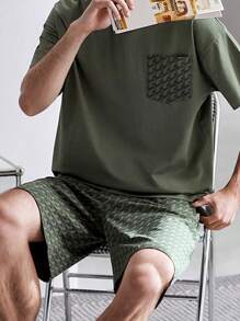 Conjunto de pijama de hombre con cuello redondo, estampado geométrico verde, de manga corta y pantalón corto, ropa de estar en casa de verano