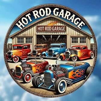 1pc 2D Hot Rod Garage Round Metal Sign, 8 Inch Vintage Iron Racing Decor, Unique Gift For Bar, Cafe, Club, Dorm, New Year, Valentine's Day, Durable Novelty Plaque For Home, Kitchen, Dining, Bedroom, Garden, Bathroom, Garage, Hotel, Office, Random Hole Positions