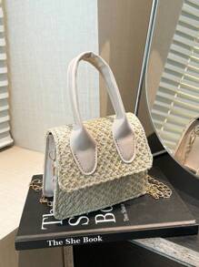 1pc 新款时尚简约手提包甜美可爱迷你休闲手提包女小众个性小包纹理斜挎小方包斜挎小格纹编织格子斜挎包精致高档纹理千金感单手拎单肩包女 - 編織手提包 - 查看 5