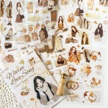 40Sheets/Bag Sticker Book Combination, Collection Gentle Series, Retro Warm Coffee Theme Stickers, Two Different Materials, Scrapbook Supplies, Decorative Notebook Photo Frame Phone Case Water Cup Garbage Magazine Stationery Box DIY Personalized Stickers