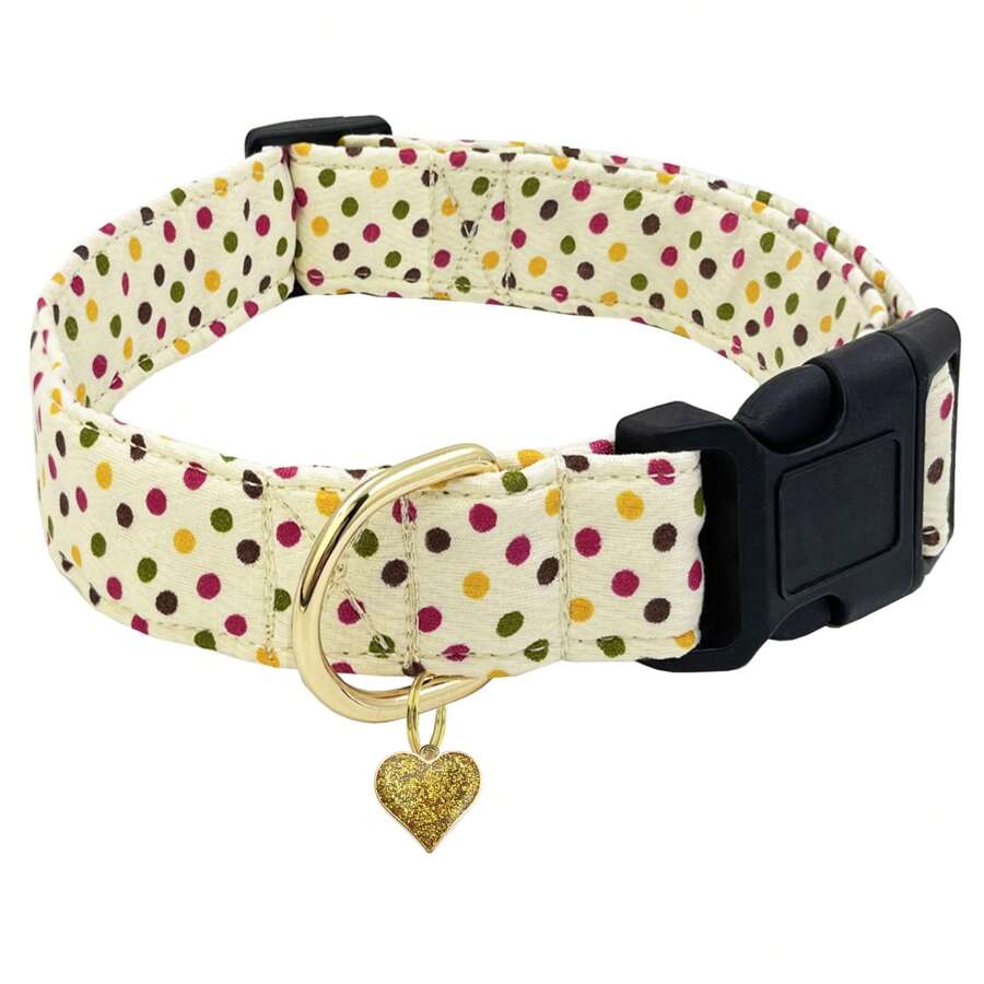 柔软可调节的波尔卡圆点宠物狗项圈，配有心形吊坠，适合小型/中型/大型犬