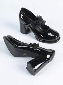 Women's Black Round Toe Chunky Heel Vintage French Ribbon Decor Elegant Party Casual Comfortable High Heel Shoes, Versatile And Elongating