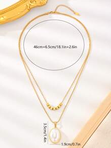 1件优雅轻奢风格镀金不锈钢多层金珠和椭圆形珍珠吊坠叠戴项链，适合女性情人节和日常佩戴 - 金黃色 - 查看 2