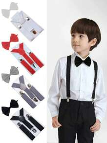 2 piezas/Set Tirantes y corbata de moño de color liso para niños y niñas - Multicolor - Ver 12