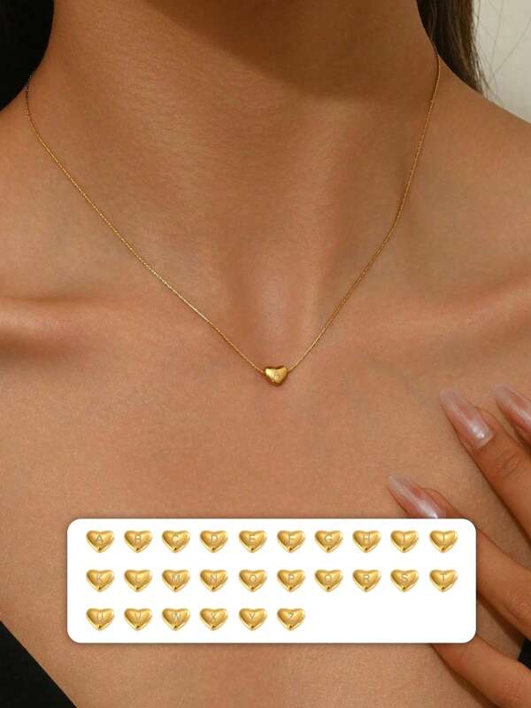 1pc Miniature Cute Heart Shaped Stainless Steel Pendant Necklace With 26 Capital Letters, Suitable For Women's Everyday Wear Or As A Couple's Necklace