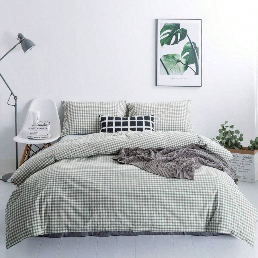Light Blue Gingham Duvet Cover Queen 100% Washed Cotton Blue Plaid Duvet Cover Set 3 Pieces 1 Blue Grid Duvet Cover With Zipper Ties 2 Pillow Cases Luxury Gingham Plaid Bedding Set Breathable - Green Gingham - View 1