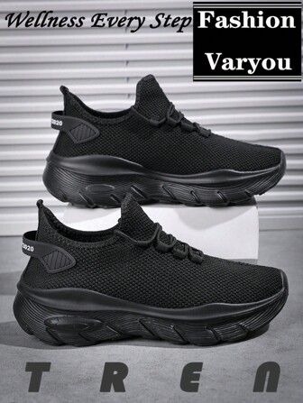 大码男士纯色一脚蹬高弹力跑步鞋，男士休闲舒适防滑单网透气厚底步行鞋，易于清洁，校园风格运动鞋，学生鞋