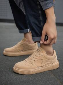 男士简约字母图案低帮系带平底情侣休闲鞋，时尚百搭，适合户外、通勤、运动休闲运动鞋 - 卡其 - 查看 6