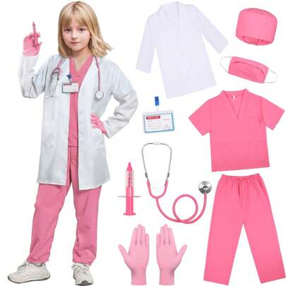 Conjunto de 8 piezas de disfraz de doctor para niños, que incluye estetoscopio real, jeringa, guantes y credencial, accesorios de disfraz de enfermera para niños y niñas, disfraz de juego de roles médicos para fiesta de Halloween, Día del Doctor, regalo para niños