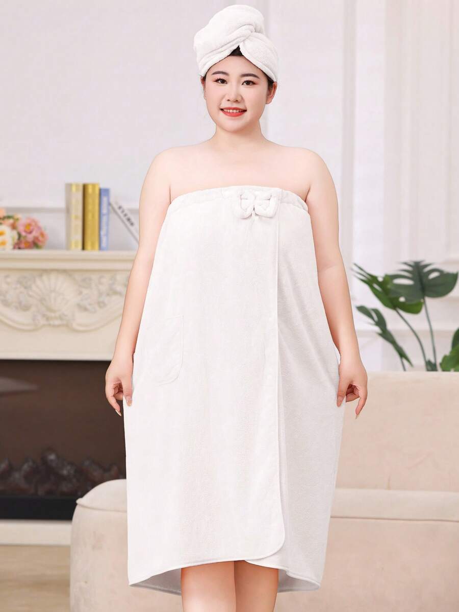 2件套加大码女士加厚浴袍和浴帽套装 - 白 - 查看 1