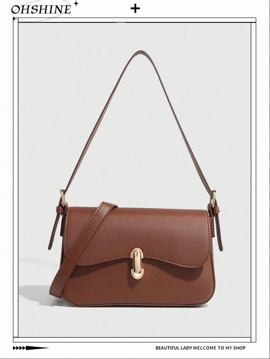 Barlang 彩色方包、单肩包、法棍包、复古锁扣小方包、腋下包、时尚百搭手提包、适合所有女性的圣诞礼物包，可调节肩带可肩背或斜挎 - 棕色 - 查看 1