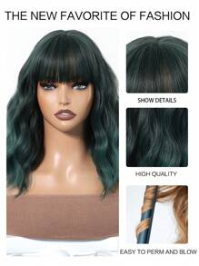 Dark Green Bob Wigs For Women Curly Wavy Wigs With Bangs Short Heat Resistant Synthetic Wigs For Party Costume Daily Wear Colorful Wigs