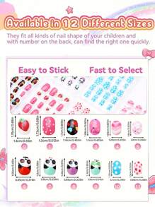 (168pcs 7 Packs) And (24pcs 1 Pack) Kids Acrylic False Nails Press-On Pre-Glued Full Cover Glitter Cute Daily Simple Polka Dots, Flowers, Hearts, Pandas, Strawberries And Other Elements Short Kids Stick-On False Nails Set For Kids Little Girls - Cute Simple Themenail Drill