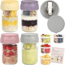Overnight Oats Containers With Lids, Folding Spoons, And Divided Compartments For Fruit & Nuts, Small Glass 16oz Mason Jars For Oatmeal Yogurt Parfait Storage Jar Christmas Ornaments 2024 - 2 Set-Oat White/Rose Pink - View 9