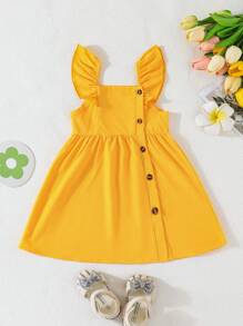 Set de 2 vestidos de verano para niña, uno con estampado floral y otro de unicolor con decoración de botones, conjunto casual para uso diario