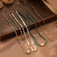 1pc Stainless Steel 18K Layered Pearl Beaded Necklace, Fashionable & Formal, Suitable For Party, Dating, And Work Wear - Yellow Gold - View 5