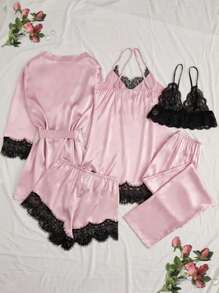 5-Piece Satin Pajama Set For Women - Elegant All-Season Sleepwear, Including Long-Sleeved Tunic Robe, V-Neck Camisole Dress, Camisole Top, Red Stretch Shorts And Pants, Soft, Skin-Friendly Sleepwear And Loungewear For All Seasons - Hồng - Xem 2