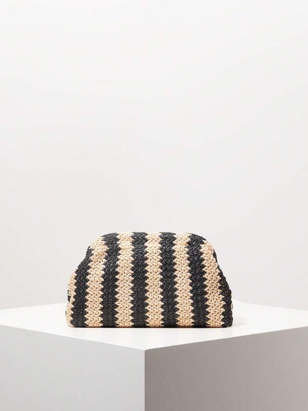 Bolso de embrague tejido con contraste de rayas, bolso de embrague de estilo elegante para mujer, bolsos de playa bohemios para mujer, artículos imprescindibles para viajar, atuendos de vacaciones para mujer, artículos de boda, bolso de graduación, bolso de paja casual (patrón aleatorio)