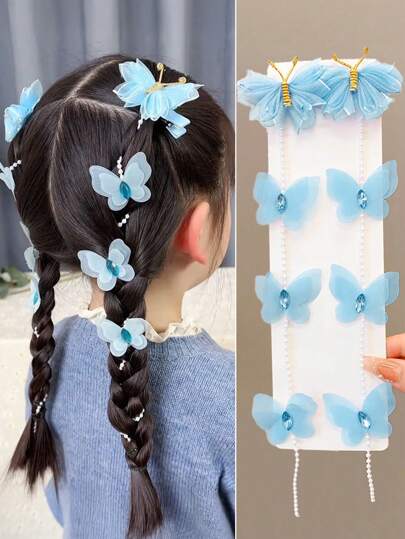 2件套 女孩蓝色蝴蝶结珍珠公主可爱复古流苏发夹，发饰，发卡