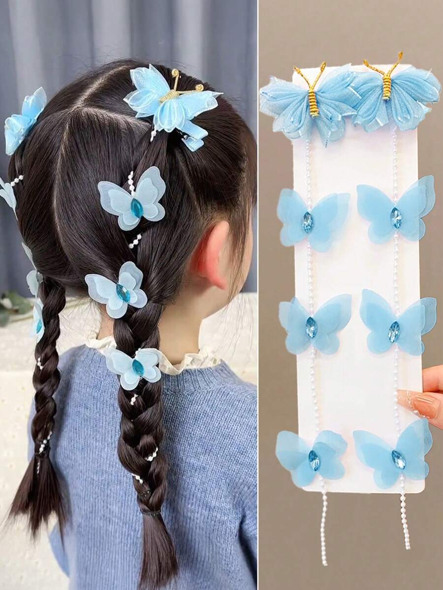 2件套 女孩蓝色蝴蝶结珍珠公主可爱复古流苏发夹，发饰，发卡 - 藍色 - 查看 1