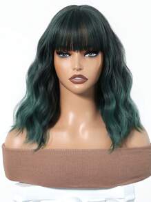 Dark Green Bob Wigs For Women Curly Wavy Wigs With Bangs Short Heat Resistant Synthetic Wigs For Party Costume Daily Wear Colorful Wigs