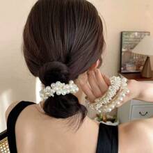1pc/3pcs Korean White Faux Pearl Flower Hair Scrunchies, Elegant Elastic Ponytail Holders, Suitable For Daily Use In Spring & Summer,Hair Accessories,Hair Elastics,Hair Ties,Hair Rope, Hair Bobbles