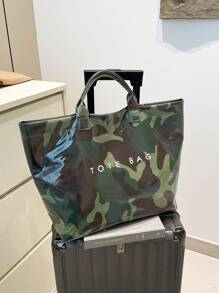 Bolso de moda para mujer, bolso de tote transparente de PVC con diseño de estampado de camuflaje y bloqueo de color, bolso impermeable para mujer, gran capacidad para ocio, vacaciones y playa, estilo informal, gran capacidad, correa de hombro fija, cierre a presión, forro de poliéster, diseño de estampado aleatorio, adecuado para el trabajo y el transporte.
