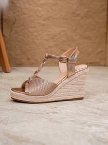 Sandalias de tacón alto de champán con detalles tejidos para mujer, sandalias de plataforma de verano con tira de tobillo y suela de yute, sandalias de cuña para vacaciones y uso al aire libre - Champán - Ver 7