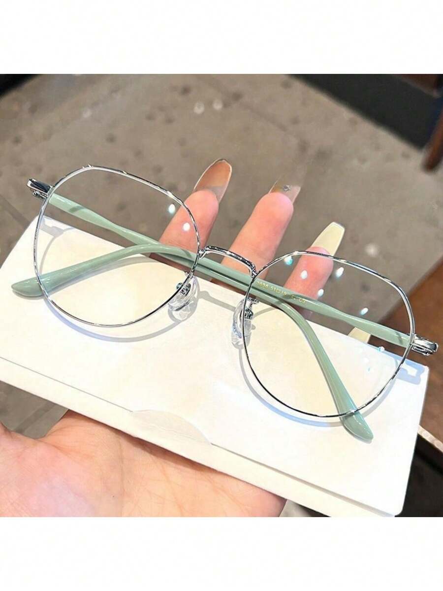 1 件女士高魅力级别学生轻圆脸展示脸平面平光镜面普通镜框 - 綠銀框 - 查看 1