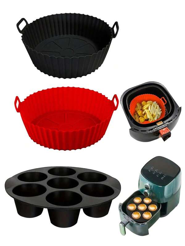 4 piezas/2 piezas/1 pieza Moldes de silicona para muffins de 7 tazas y forros para freidora de aire - Juego de cestas de alimentos redondas antiadherentes y reutilizables para freidora de aire, moldes para cupcakes antiadherentes para microondas, accesorios de cocina para freidora de aire, se adapta a la mayoría de los modelos, excelente para el hogar, la cocina, el patio y el uso en autocaravana, sin necesidad de electricidad