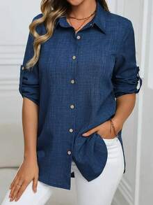 Damska klasyczna jednokolorowa koszula jednorzędowa, casualowa, wiosenno-letnia modna luźna bluzka z długim rękawem