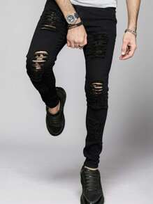 Men's Stretch Distressed Slim Fit Jeans With Patches, Fashionable Casual Motorcycle Pants