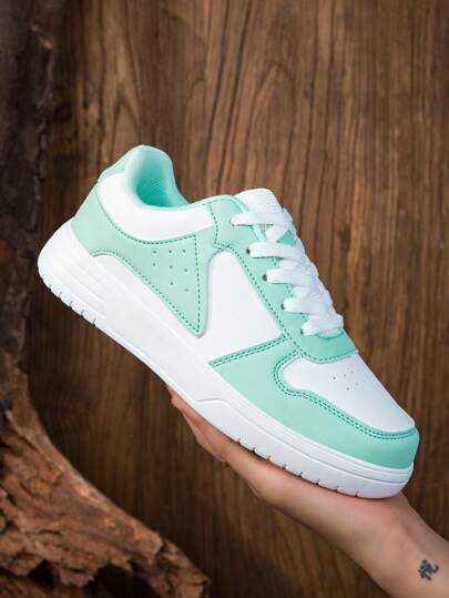 Spring New Fashionable Minimalist Classic Round Toe Casual Sneakers, Mint Green & White Lace-Up Thick Sole Athletic Shoes, Suitable For Students, Skateboarding, Campus & Sports, Comfortable & Breathable