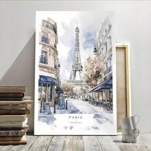 1 Pc Framed Paris Watercolor Painting Landscape Wall Art Textured Canvas Poster Painting Wall Decor For Bedroom Living Room, Ready To Hang