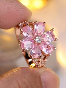 Tsnamer 1 件精美粉色花朵形状方晶锆石戒指，适合女士女孩，适合订婚周年纪念日日常情人节珠宝生日礼物，情人节、妈妈、母亲、母亲节、礼物 - 戒指 - 查看 18