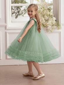 Young Girl Elegant Mint Green Bow Tulle Princess Dress, Suitable For Birthday Party, Casual Outing, Stage Performance, Holiday Celebration