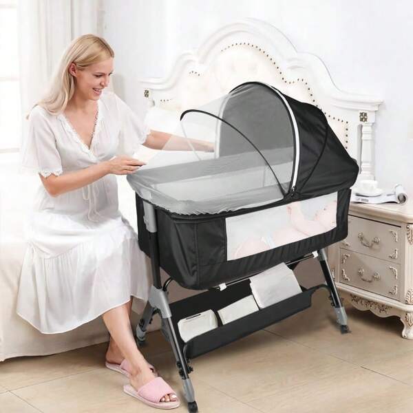 Cuna para bebé, cuna 3 en 1 con 4 posiciones de ajuste de altura e inclinación y freno, cuna portátil para bebé para el hogar y para viajes
