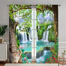 2Pcs Dreamy Waterfall Landscape Curtains 3D Digital Print Sunshade Drapes Tropical Rainforest Nature Scenery Living Room Bedroom Study Window Decoration HD Printing Set Of 2 Panels Modern Art Style All-Season Fabric Easy Clean Durable Soft Light Adjustment Create Natural Atmosphere Enhance Space Quality Green Plants White Doves Swans Pattern Wooden Ladder Waterfall Lake Forest Panorama(59x65in, 79x87in, 84x63in, 104x84in), Outdoor Curtains - 彩色 - 查看 7