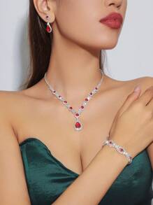 Bộ 4 vòng cổ đính đá Rhinestone màu đỏ, phù hợp với túi xách váy dạ hội bằng kim loại đính đá Rhinestone của phụ nữ, bộ vòng cổ, vòng tay, hoa tai cưới của cô dâu, phù hợp cho các bữa tiệc, đám cưới, khiêu vũ, bữa tối/bộ trang sức tiệc, quà tặng ngày lễ - Đỏ - Xem 14