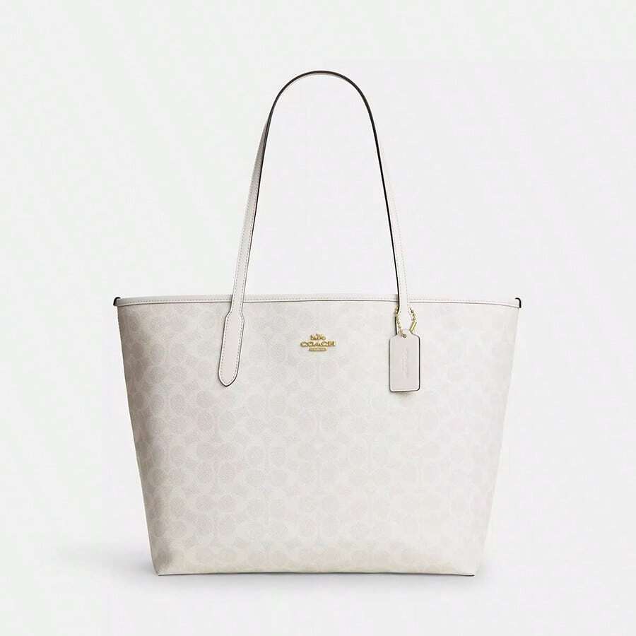 Coach City 33 經典老花Logo 人造皮革 托特包Tote包購物袋手提單肩包 大號 女款 粉筆白色