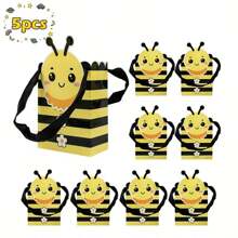 5pcs Creative Cartoon Bee Style Gift Bag With Handle, Yellow And Black Striped Design, Party Packaging Bag, Cartoon Bee Design, Durable Storage Paper Bag, Bee Party Decoration Suitable For Party Gifts, Birthdays, Weddings, Etc