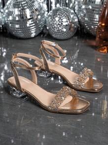 Women's Crystal Heel Glass Rhinestone Champagne Color Plus Size High Heeled Sandals