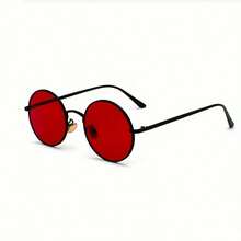 Vintage Punk Style Stainless Steel Round Fashion Glasses - Anti-Glare Red Lenses, Lightweight Unisex Hip-Hop  Accessories, Daily Casual, Fashion Design, Must-Have For Trendsetters - 黑色框架 紅色膜 - 查看 3