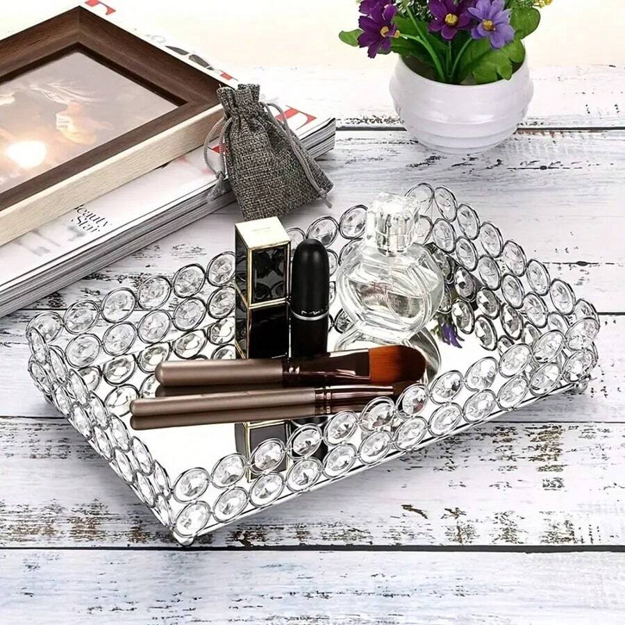 现代水晶镜面化妆托盘，小玻璃珠宝梳妆台托盘，香水架化妆品收纳托盘，珠宝，化妆品柜台，家居装饰旅行收纳盒 - 銀色 - 查看 1