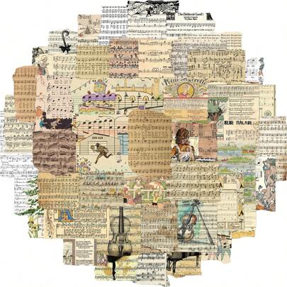 50 件复古不完整乐谱贴纸乙烯基美学贴纸剪贴簿、日记、保险杠、滑板、水瓶、卡通、安全帽、汽车贴纸和贴花