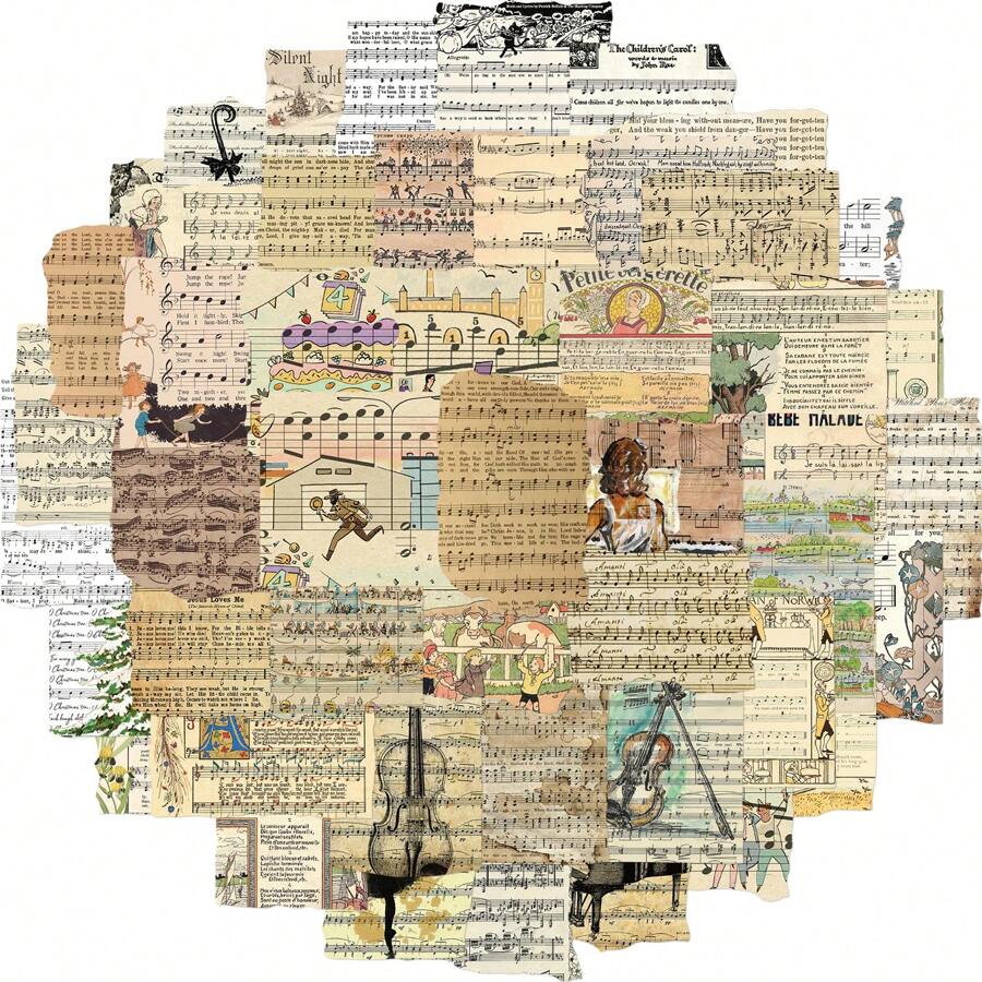 50 件复古不完整乐谱贴纸乙烯基美学贴纸剪贴簿、日记、保险杠、滑板、水瓶、卡通、安全帽、汽车贴纸和贴花